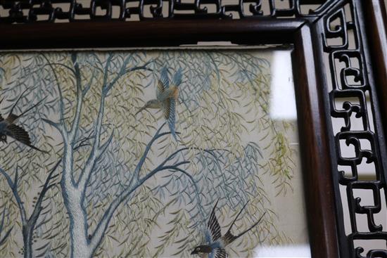 A Chinese hardwood framed fire screen, Emb. panel H.52cm,W.41cm